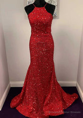 Trumpet/Mermaid Halter Sleeveless Sweep Train Velvet Sequins Prom Dress